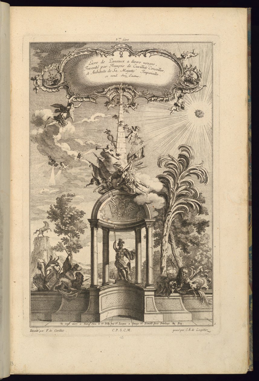 Tervezés panelekhez Tempietto Minerva-val, obeliszk és győzelem koronázta meg alkotó: François de Cuvilliés the Elder