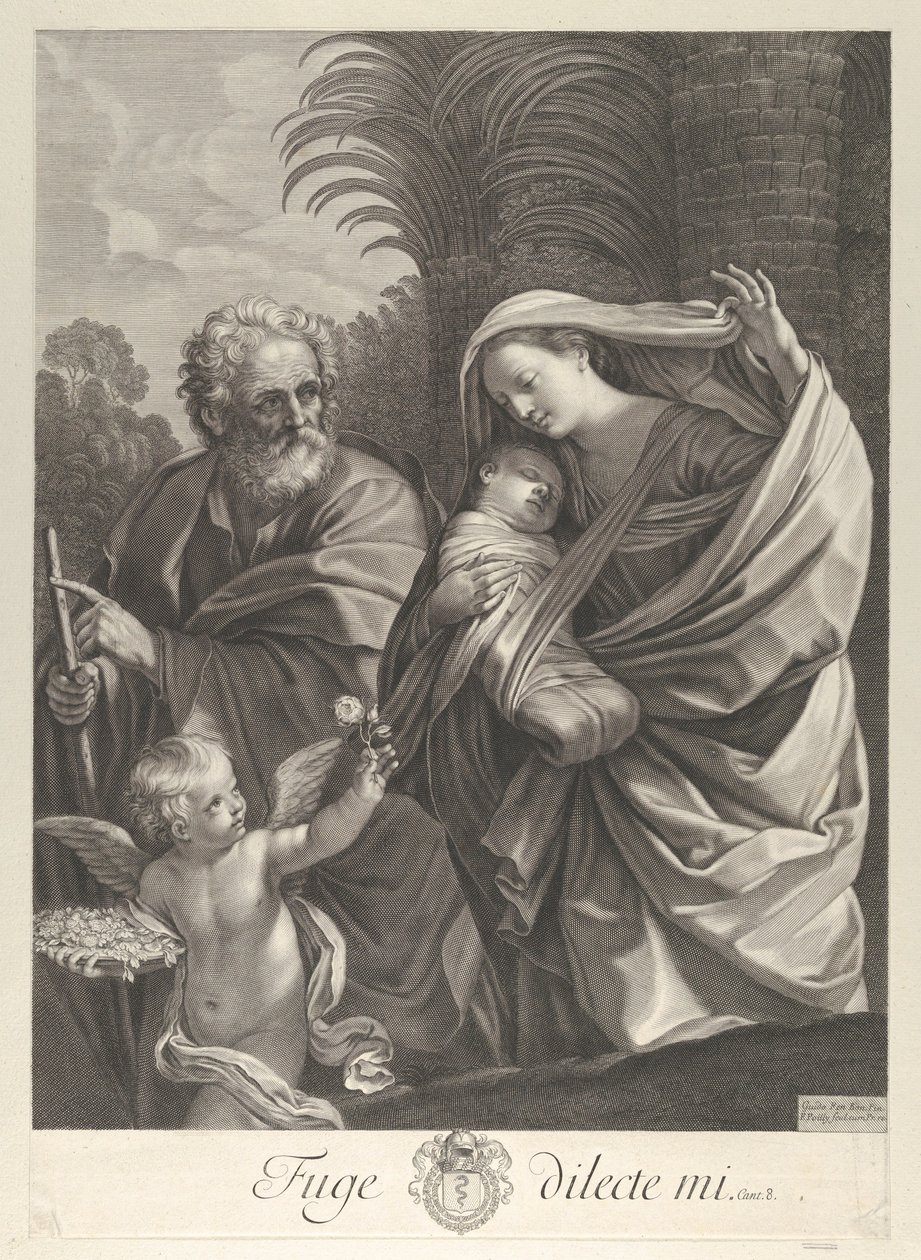 A menekülés Egyiptomba, a Szent Család együtt sétálva, Szent József rámutatva..., kb. 1648-81. alkotó: François de Poilly