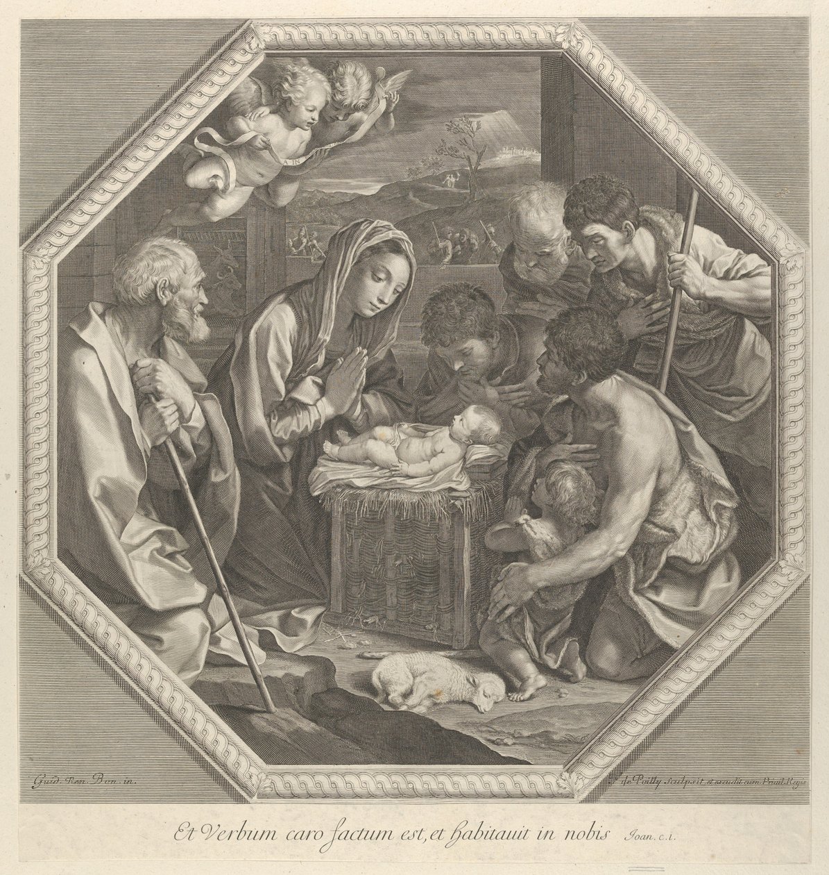 A pásztorok imádata, akik együtt térdelnek a csecsemő Krisztus előtt..., kb. 1655-93. alkotó: François de Poilly