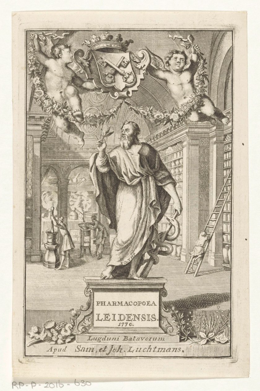 Aszklépiosz Titelpagina voor: S.n., Pharmacopoeia Leiden, a legnagyobb magisztrátusok hatósága által létrehozott, 1770 alkotó: François van Bleyswijck