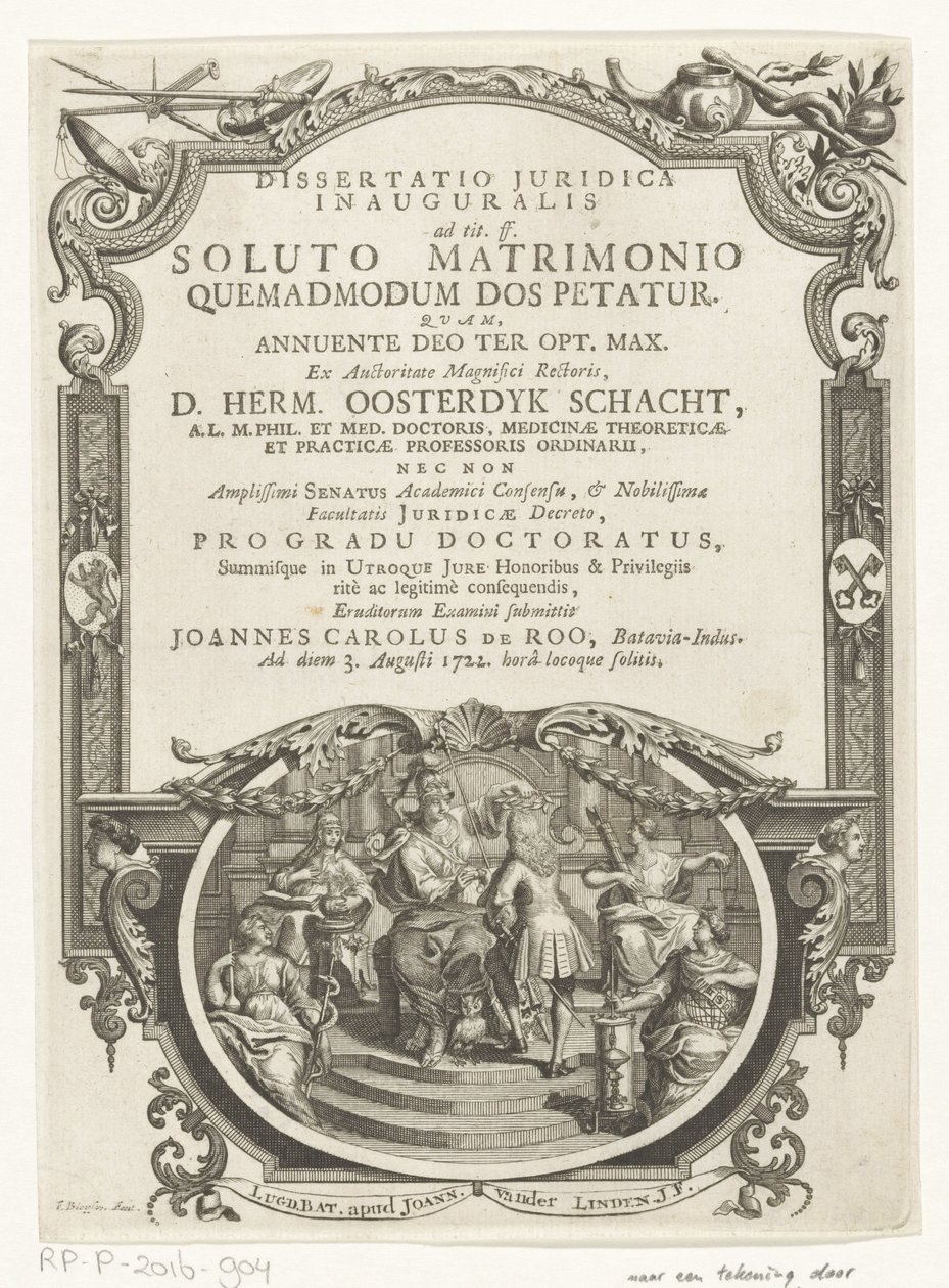 Minerva lauwert schrijver Címlap: Johannes Carolus de Roo, Dissertatio juridica inauguralis, ad tit. ff. felbontott házasság után, hogyan kérik a hozományt, 1722 alkotó: François van Bleyswijck