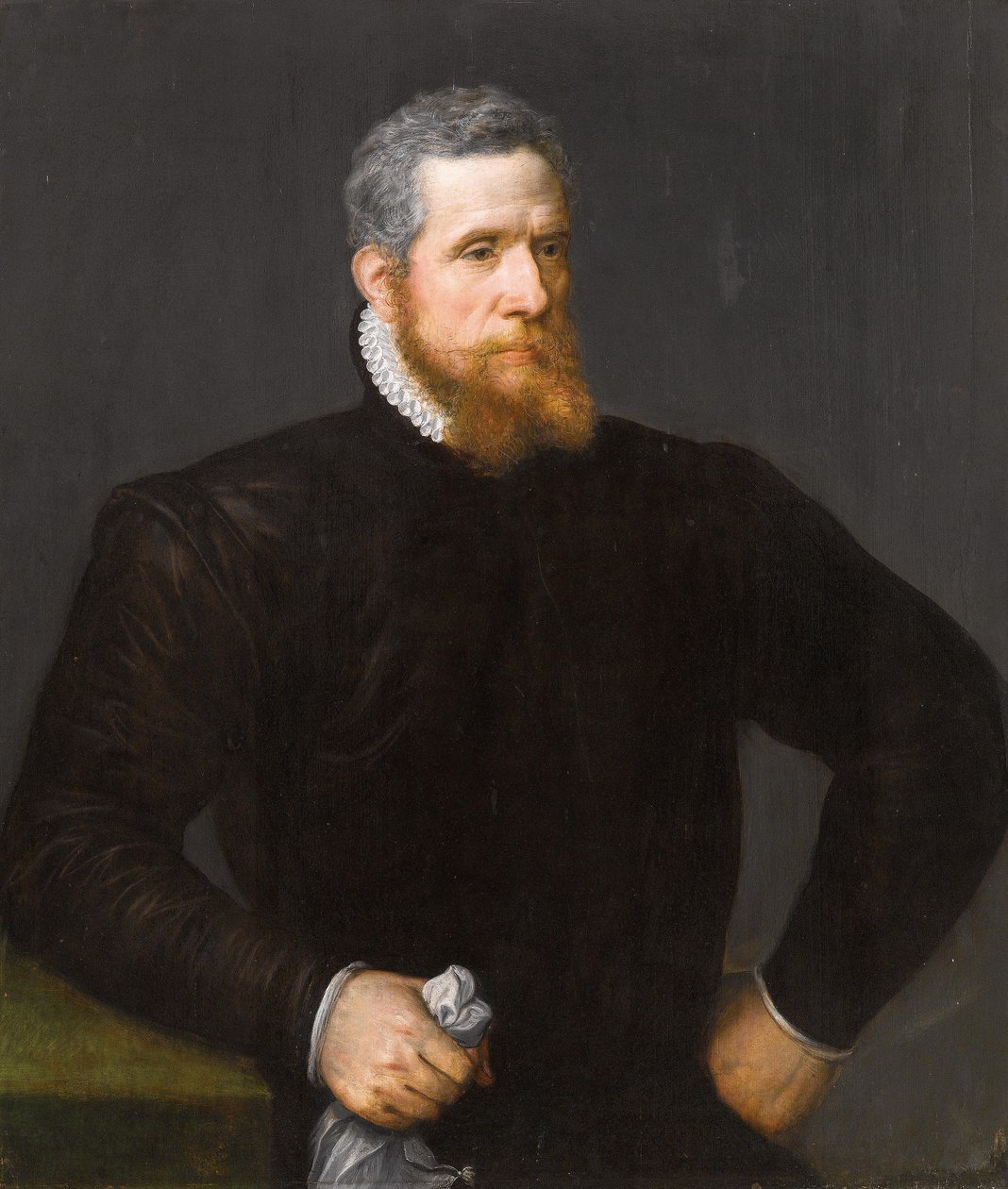 Portréja egy szakállas férfi fekete, kezében egy zsebkendőt alkotó: Frans Floris I