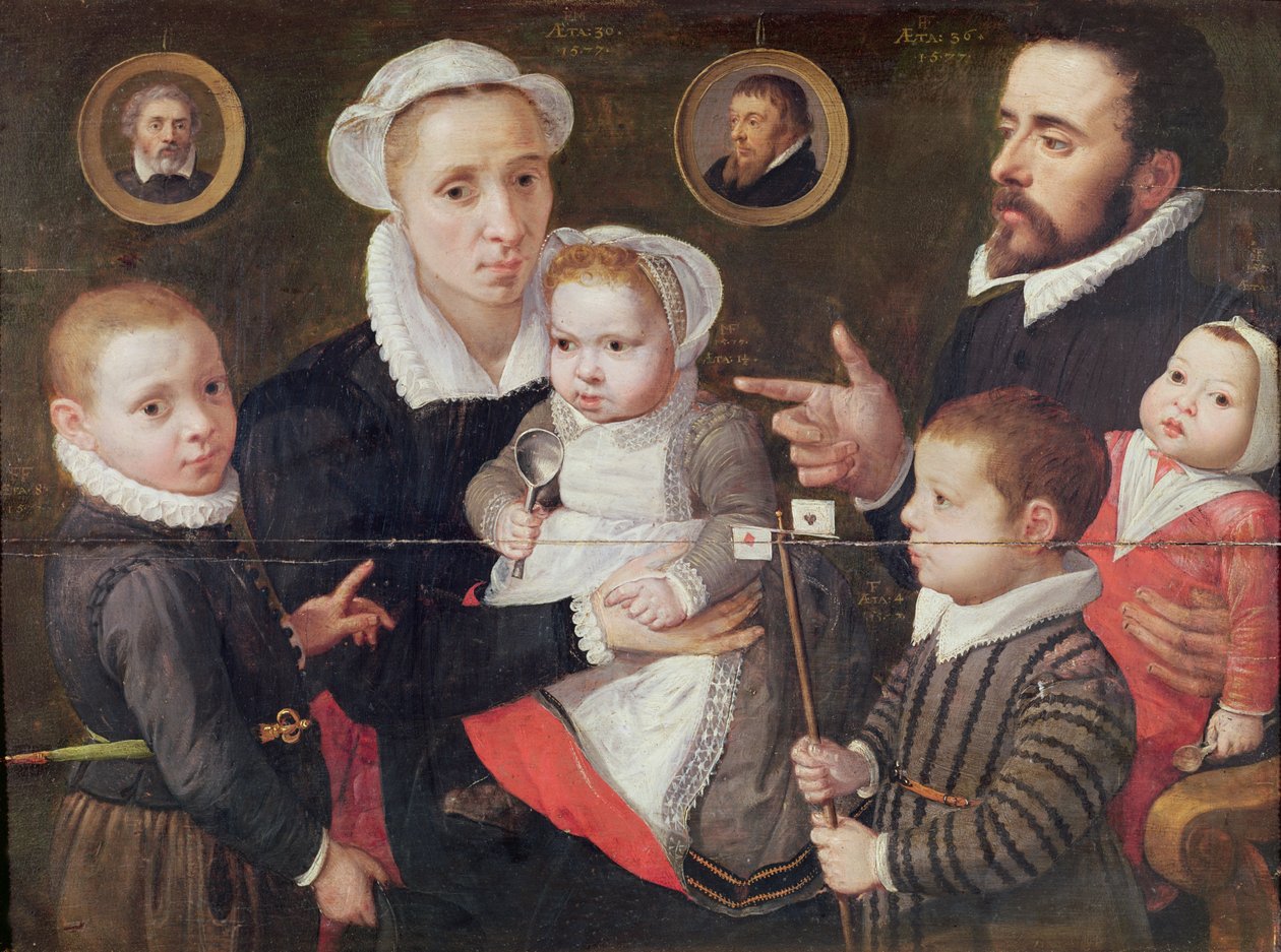 Családi portré: szülők gyermekeikkel és felmenőikkel, 1577 alkotó: Frans Menton d