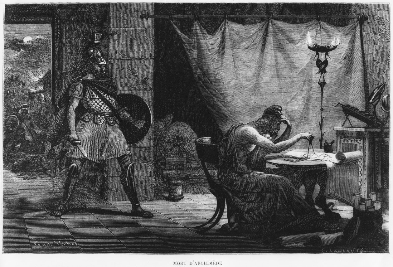 Archimedes halála, illusztráció Louis Figuier „La Vie des Savants Illustres” című művéből, vésett: Charles Laplante (†1903) Párizs, 1872-ben megjelent alkotó: Jan Frans Verhas