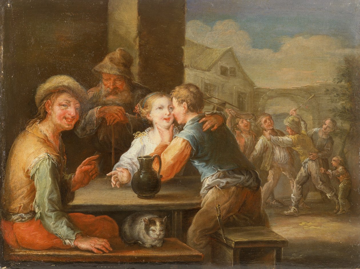 Egy udvarló páron nevető koldus (olaj) alkotó: Frans Christoph Janneck