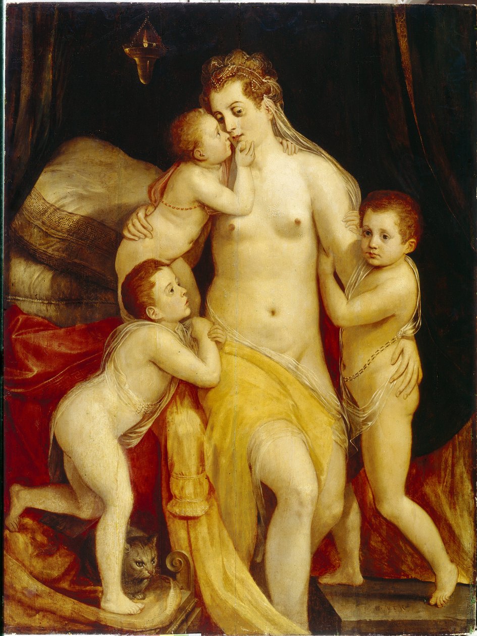 Allegorie de la charite (Allegory of Charity). Trois enfants aux expressions pleines de compassion, se rapprochent tendrement de leur mere au visage triste pour la consoler. Peinture de Frans Floris l