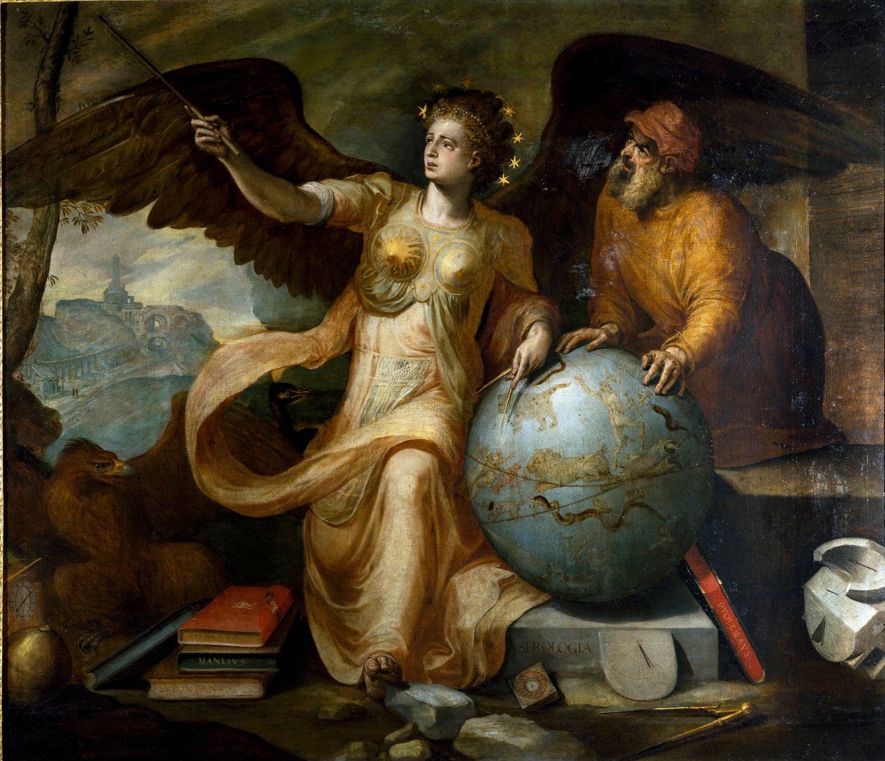 Asztrológia. Az asztrológia allegóriája és megszemélyesítése asztrológiai műszerekkel és égi földgömbbel. Frans Floris (1515-1570) festménye. flamand festő. Gének, Magángyűjtemény. alkotó: Frans Floris