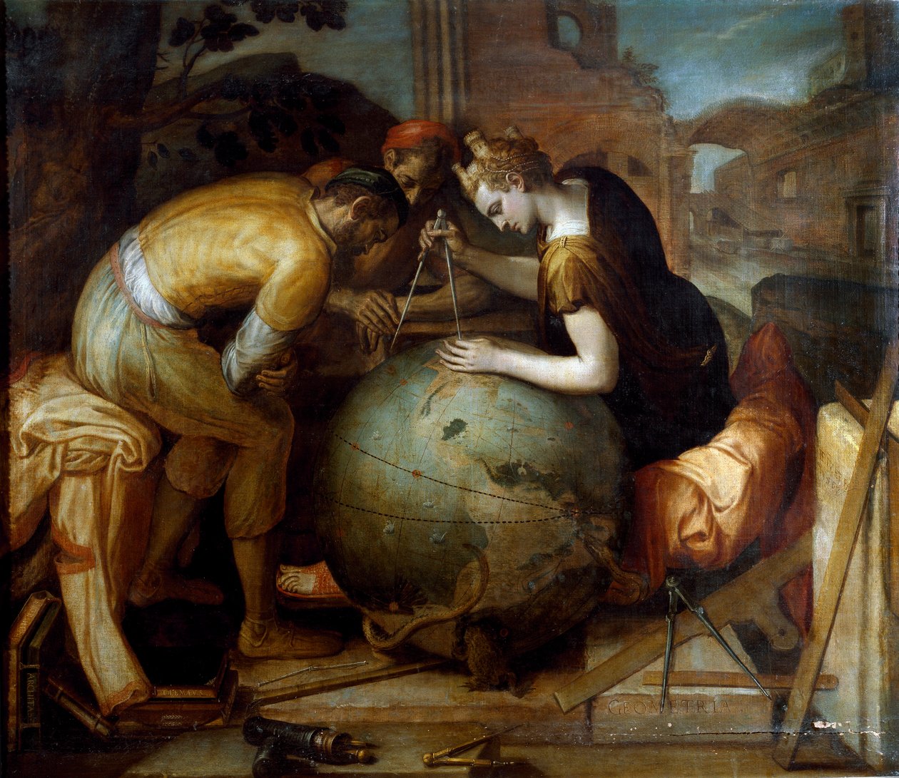 Geometria. Geometria allegóriája és megszemélyesítése, aki egy kompászt tart a földgömb felett. Különböző geometriai műszerek helyezkednek el az előtérben. Frans Floris (1515-1570) festménye. flamand művészet. Magángyűjtemény, Genes. alkotó: Frans Floris