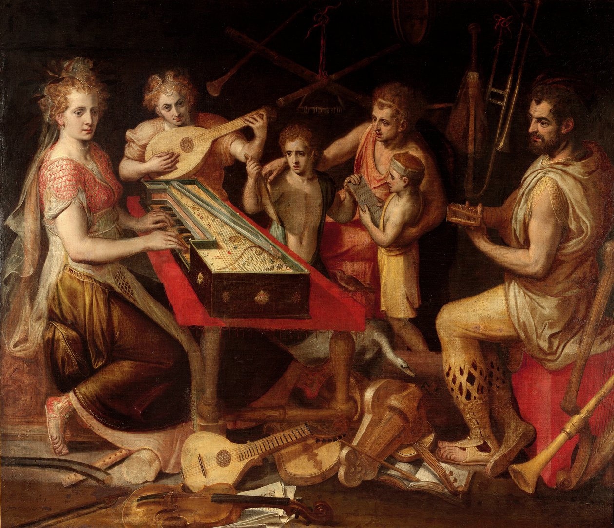 A Music Characts vetus a hangszerek ősi környezete allegóriát alkot. Frans Floris (1515-1570) festménye 16. századi gének, magángyűjtemény alkotó: Frans Floris