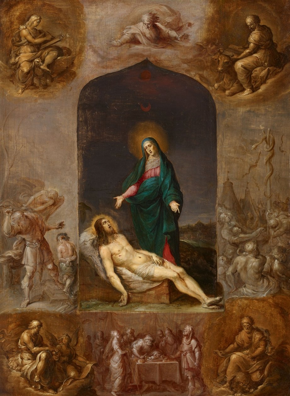 Pietà a négy evangélista grisaille-ivel és ószövetségi jelenetekkel körülvéve. alkotó: Frans Francken the Younger