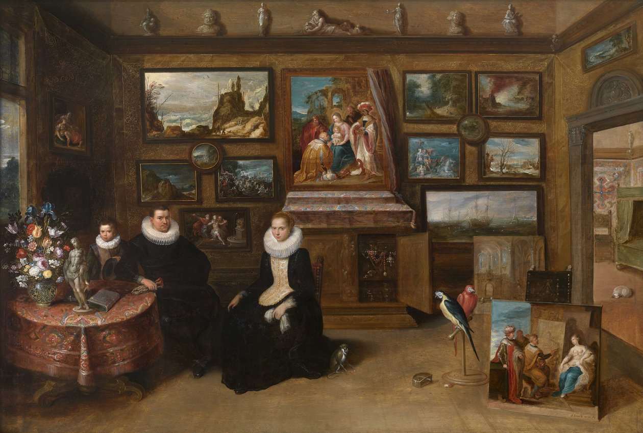 A Kunstkammer házaspárral és fiukkal, 17. század első harmada. alkotó: Frans Francken the Younger