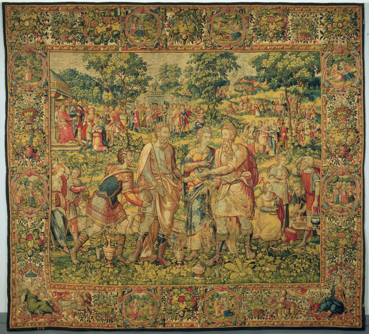 Abimélek király visszaadja Sárát férjének, Ábrahámnak, 1580 (szőttes gobelin, gyapjú és selyem) alkotó: Frans Geubels