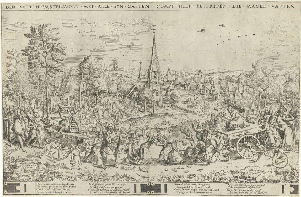 A farsang és a nagyböjt harca Den fats Vastelaovend az összes szinvendéggel compt here fight die sovány Böjt (cím a tárgyon) alkotó: Frans Hogenberg