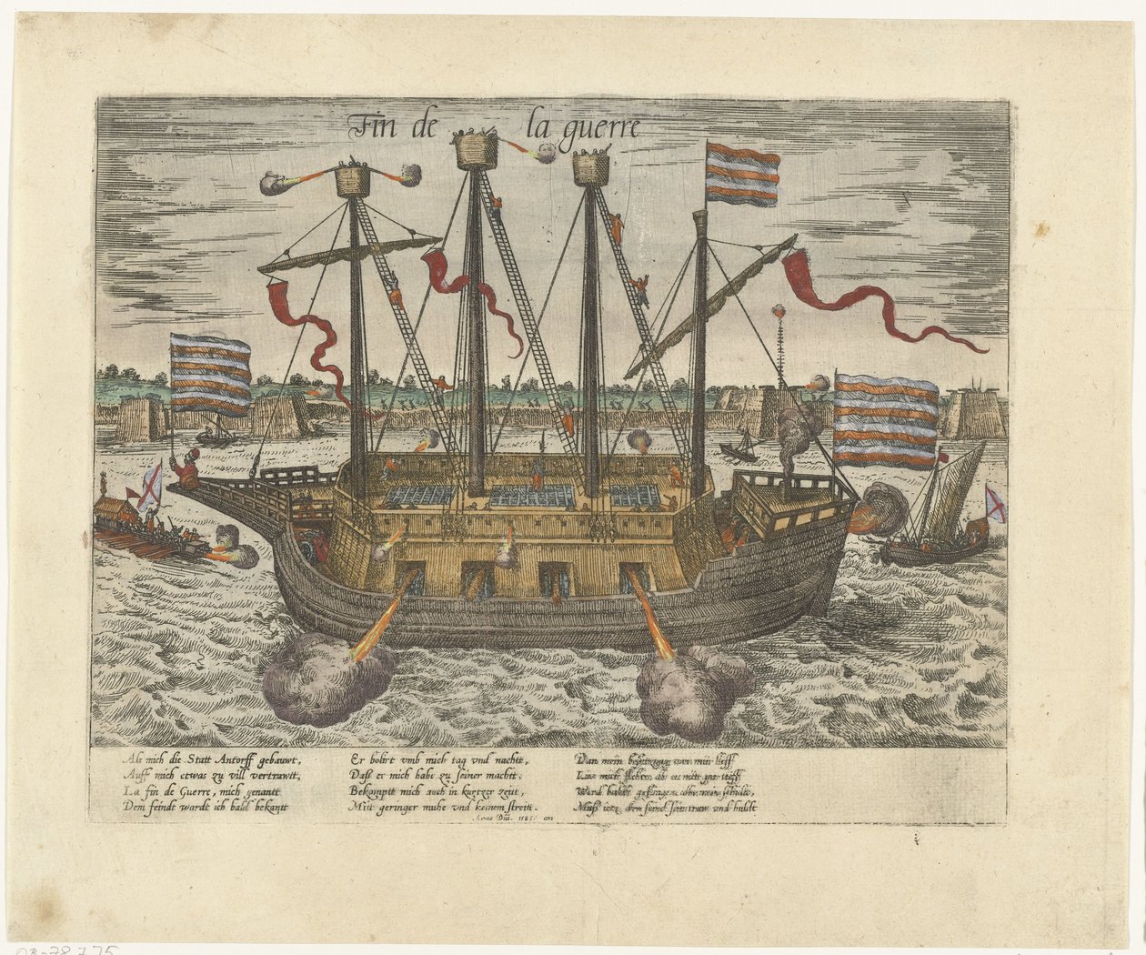 A Fin de la guerre hajó, 1585 Fin de la guerre (cím a tárgyon) 9. sorozat: Holland és német események, 1583-1587 (sorozat címe) alkotó: Frans Hogenberg