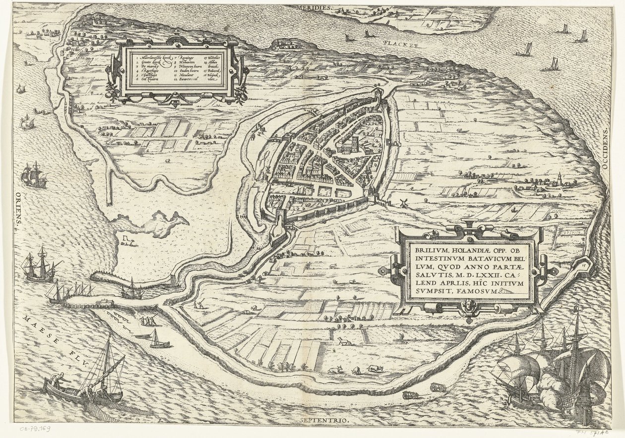Kaart van het eiland Voorne en plattegrond van Brielle, 1572 Brillium, Holland opp. az egymás közötti holland háború miatt, amely az Üdvösség győzelmének évében, i.sz. 72. április melegében itt kezdte, híres (cím a tárgyon) alkotó: Frans Hogenberg