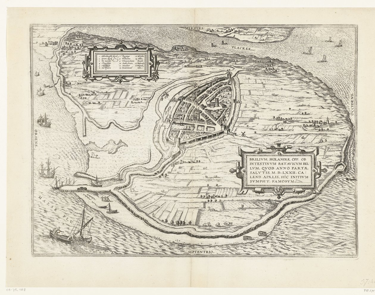 Kaart van het eiland Voorne en plattegrond van Brielle, 1572 Brillium, Holland opp. az egymás közötti holland háború miatt, amely az Üdvösség győzelmének évében, i.sz. 72. április melegében itt kezdte, híres (cím a tárgyon) alkotó: Frans Hogenberg