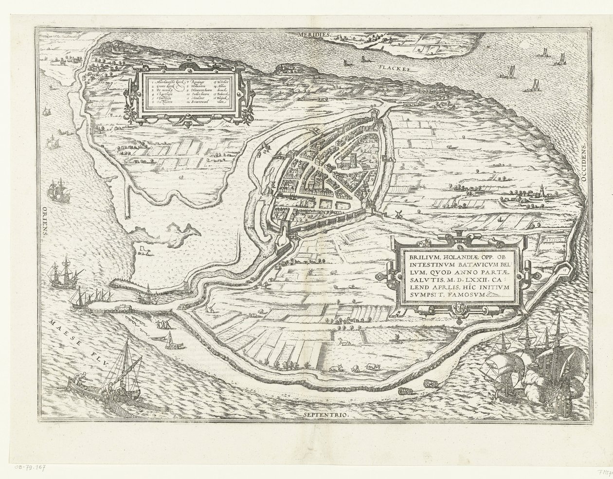 Kaart van het eiland Voorne en plattegrond van Brielle, 1572 Brillium, Holland opp. az egymás közötti holland háború miatt, amely az Üdvösség győzelmének évében, i.sz. 72. április melegében itt kezdte, híres (cím a tárgyon) alkotó: Frans Hogenberg