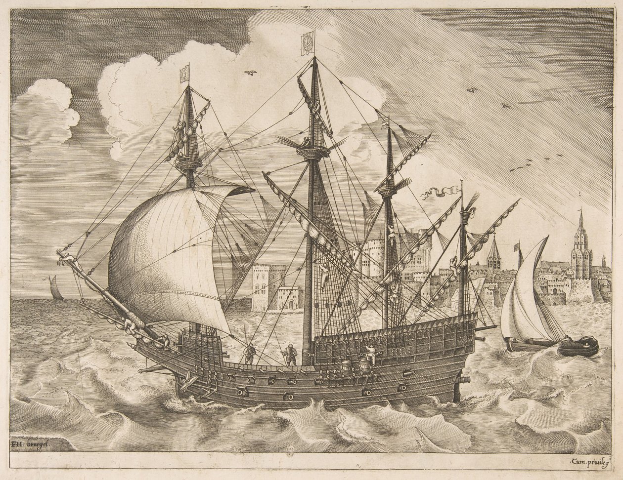 Fegyveres négyfős tengerre bocsátás a vitorláshajóktól, kb. 1555-56. alkotó: Frans Huys
