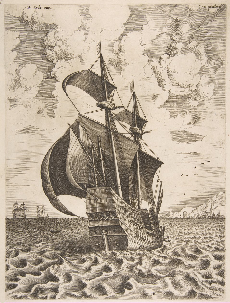 Fegyveres négyfős vitorlázás a kikötő felé a vitorláshajóktól, 1561-65. alkotó: Frans Huys