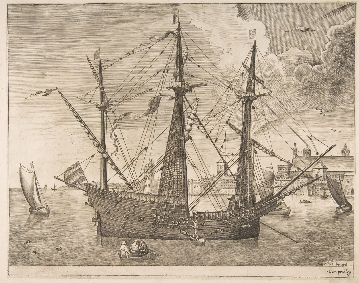 Fegyveres háromfős horgonyzott egy város közelében a vitorlás hajóktól, kb. 1555-56. alkotó: Frans Huys