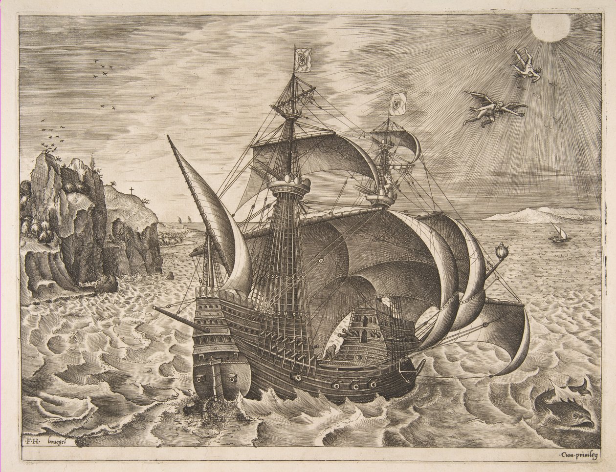 Fegyveres hárommester Daedalusszal és Ikarusszal az égen a Vitorlás hajókból, 1561-65. alkotó: Frans Huys