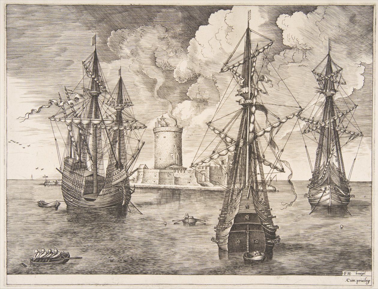 Négy mester és két három mester horgonyozva egy megerősített sziget közelében a The Sailing Ves-ből..., 1561-65. alkotó: Frans Huys