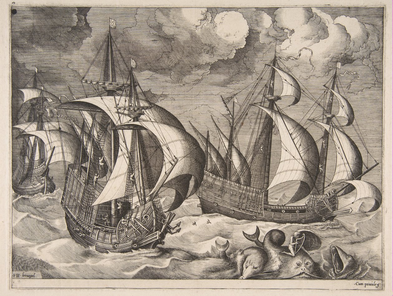 Három karavel felszálló viharban Arionnal egy delfinen a The Sailing Vesselsből, 1561-65. alkotó: Frans Huys