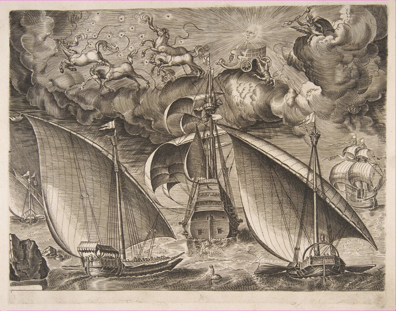Két gálya vitorlázik egy fegyveres hárommester mögött Phaetonnal és Jupiterrel az égen, f..., 1561-65. alkotó: Frans Huys