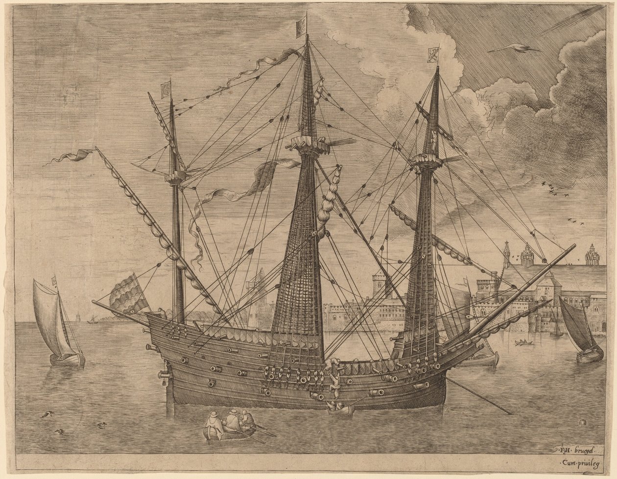 Fegyveres hárommester horgonyzott egy város közelében alkotó: Frans Huys after Pieter Bruegel the Elder