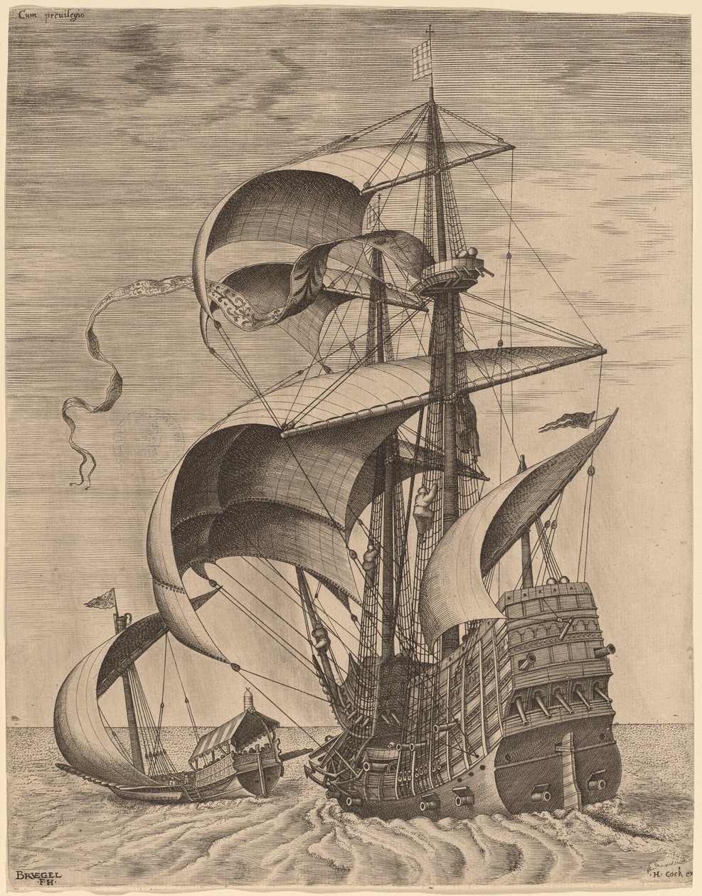 Fegyveres hárommester a nyílt tengeren, egy gálya kíséretében alkotó: Frans Huys after Pieter Bruegel the Elder