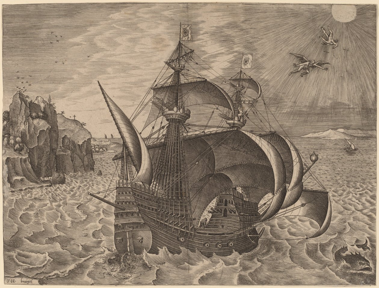 Fegyveres hárommester Daedalusszal és Ikarusszal az égen alkotó: Frans Huys after Pieter Bruegel the Elder