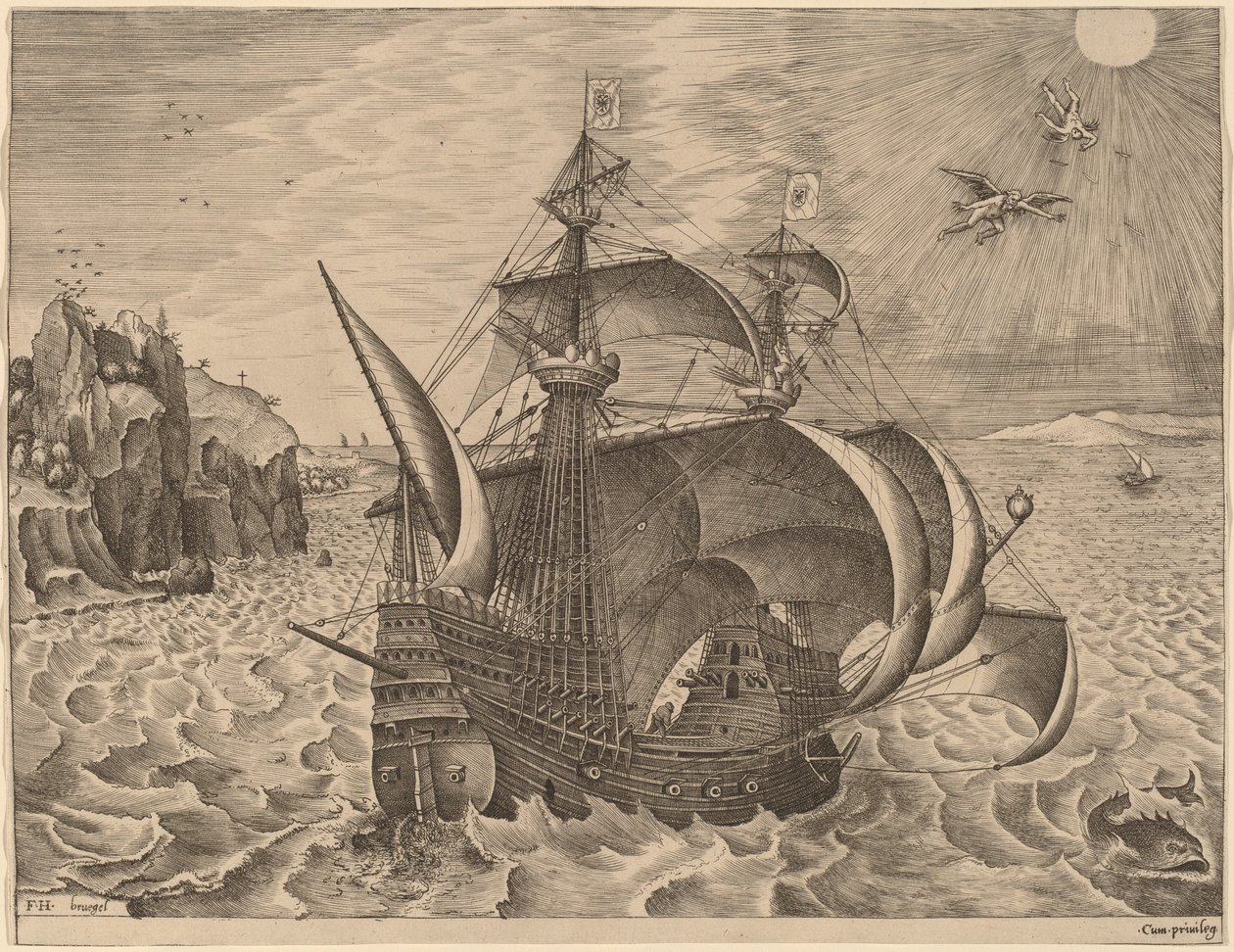 Fegyveres hárommester Daedalusszal és Ikarusszal az égen alkotó: Frans Huys after Pieter Bruegel the Elder