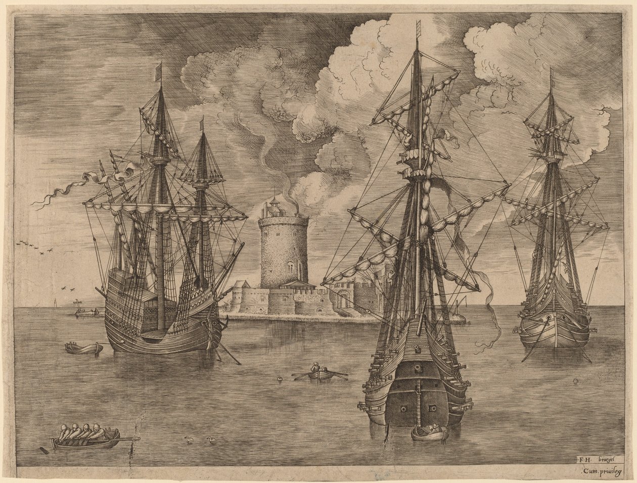 Négy mester (balra) és két három mester egy világítótoronnyal rendelkező erődített sziget közelében horgonyozva alkotó: Frans Huys after Pieter Bruegel the Elder