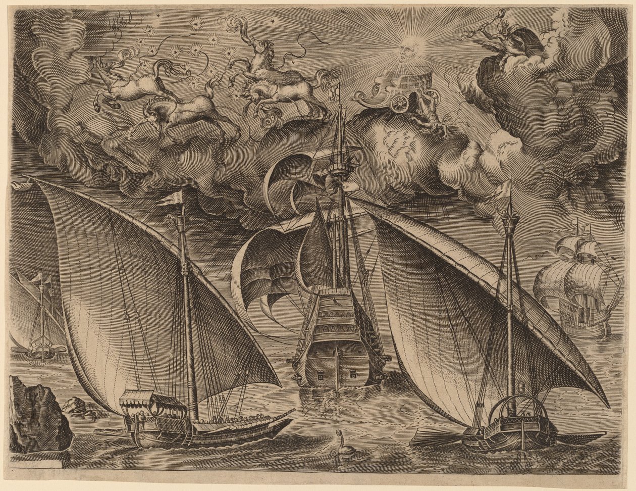 Két Gálya egy fegyveres hárommester mögött Phaethonnal és Jupiterrel az égen alkotó: Frans Huys after Pieter Bruegel the Elder