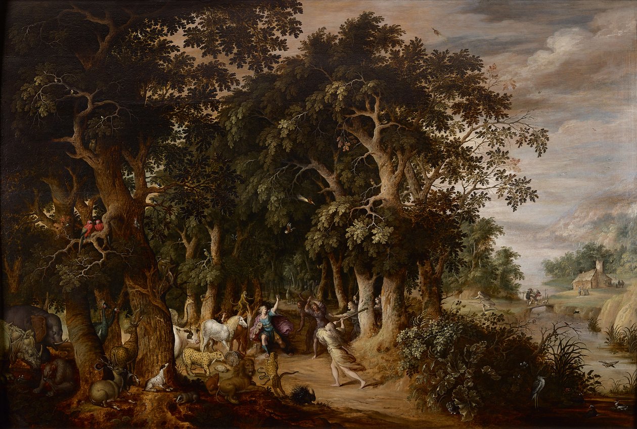 Egy tisztás egy sűrű erdős tájon, sok állattal és a trák nők által megtámadt Orpheusszal (olaj a panelen) alkotó: Frans II Francken