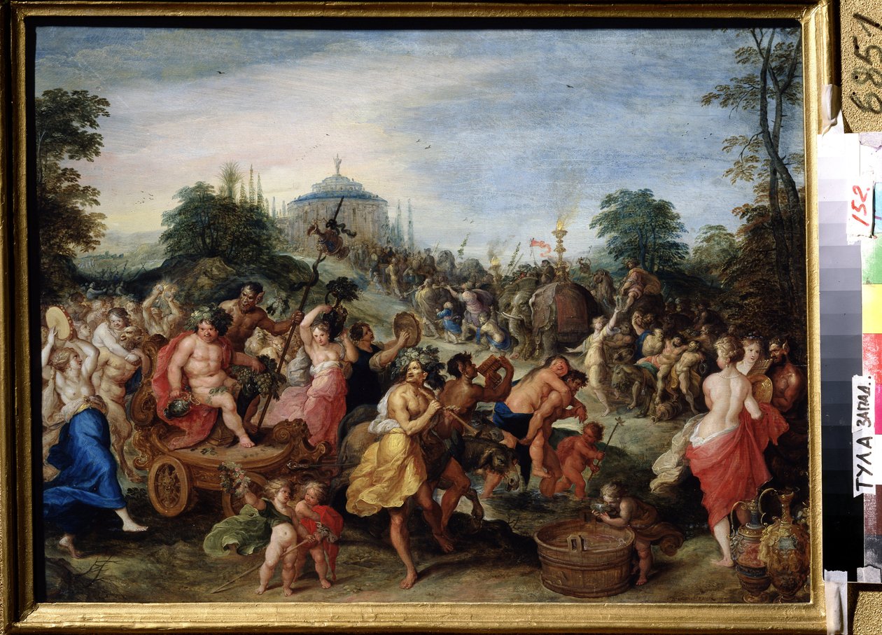 ""Bacchus körmenete"" egy bakchán ábrázolása, szatírok és bacchantes táncol, játszanak. Franz (Frans) Francken, ifjabb (1581-1642) festménye (ec.flam.) 17. századi Állami Művészeti Múzeum, Tula, Oroszország alkotó: Frans II Francken