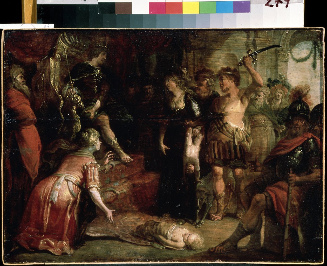 ""Salamon ítélete"" Két nő állítja, hogy ugyanannak a gyermeknek az anyja. Franz (Frans) Francken, ifjabb (1581-1642) festménye 17. századi Mihail Krosickij Művészeti Múzeum, Szevasztopol (Szevasztopol) Ukrajna alkotó: Frans II Francken