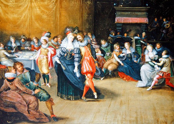 Egy bankett jelenet (olaj és arany kiemelés a panelen) alkotó: Frans II the Younger (attr. to) Francken