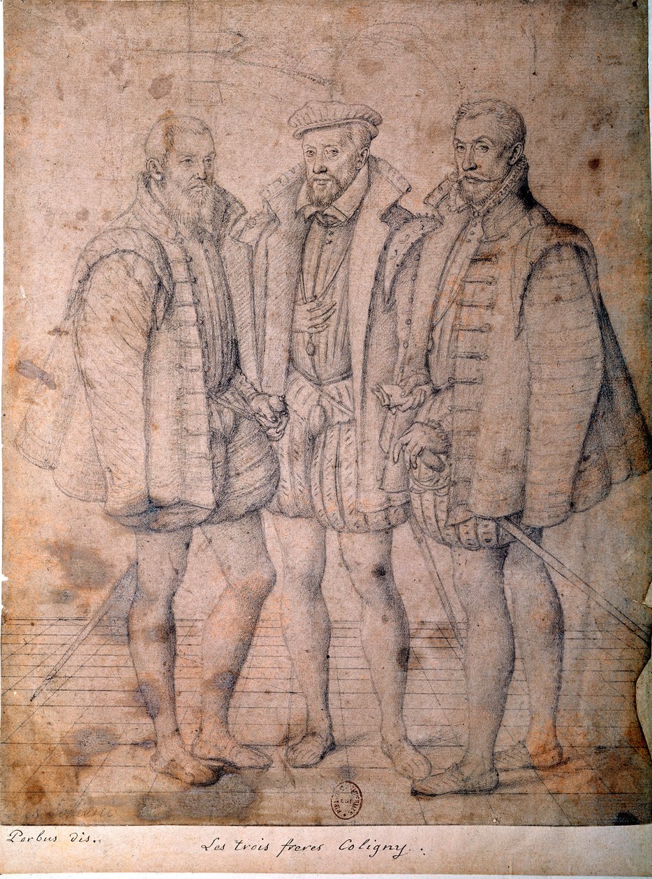 A három Coligny portréja: Odet bíboros (1515-1571), Gaspard (1517-1572), Franciaország admirálisa és Francois (1521-1569), Andelot ura. Rajz Fransnak (Francois (Franz) Pourbus l