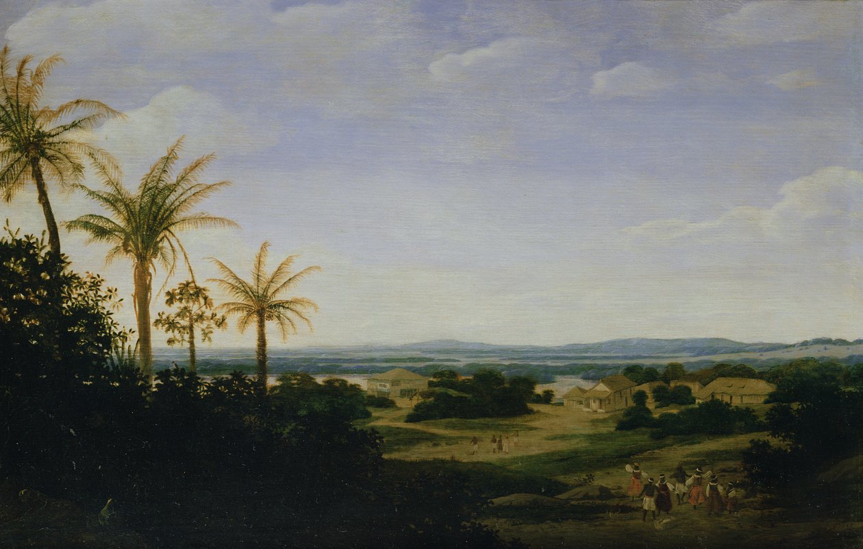 Brazil táj a portugál rezidenciával, a templommal és a Casa Grandával, a Varzea folyóval túl alkotó: Frans Post
