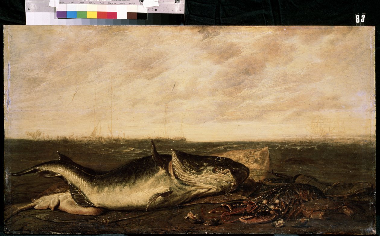 Hal és homár a tengerparton (Hal és homár a tengerparton). Frans Ryckhals festménye (1600-1647 után). Olaj, vászon, 47 x 83,5 cm alkotó: Frans Ryckhals