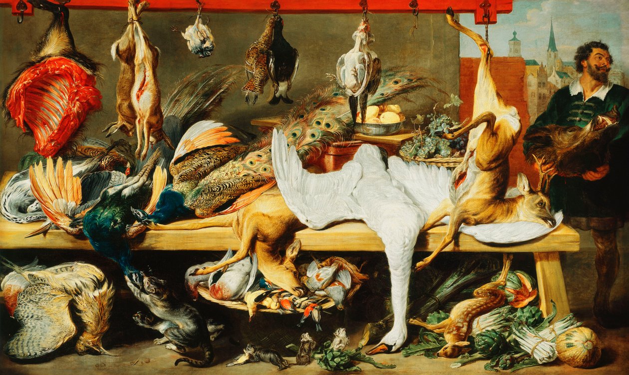 Egy hentes bódé macskákkal és cicákkal, és egy hentes, aki egy kan fejét tartja alkotó: Frans Snyders or Snijders