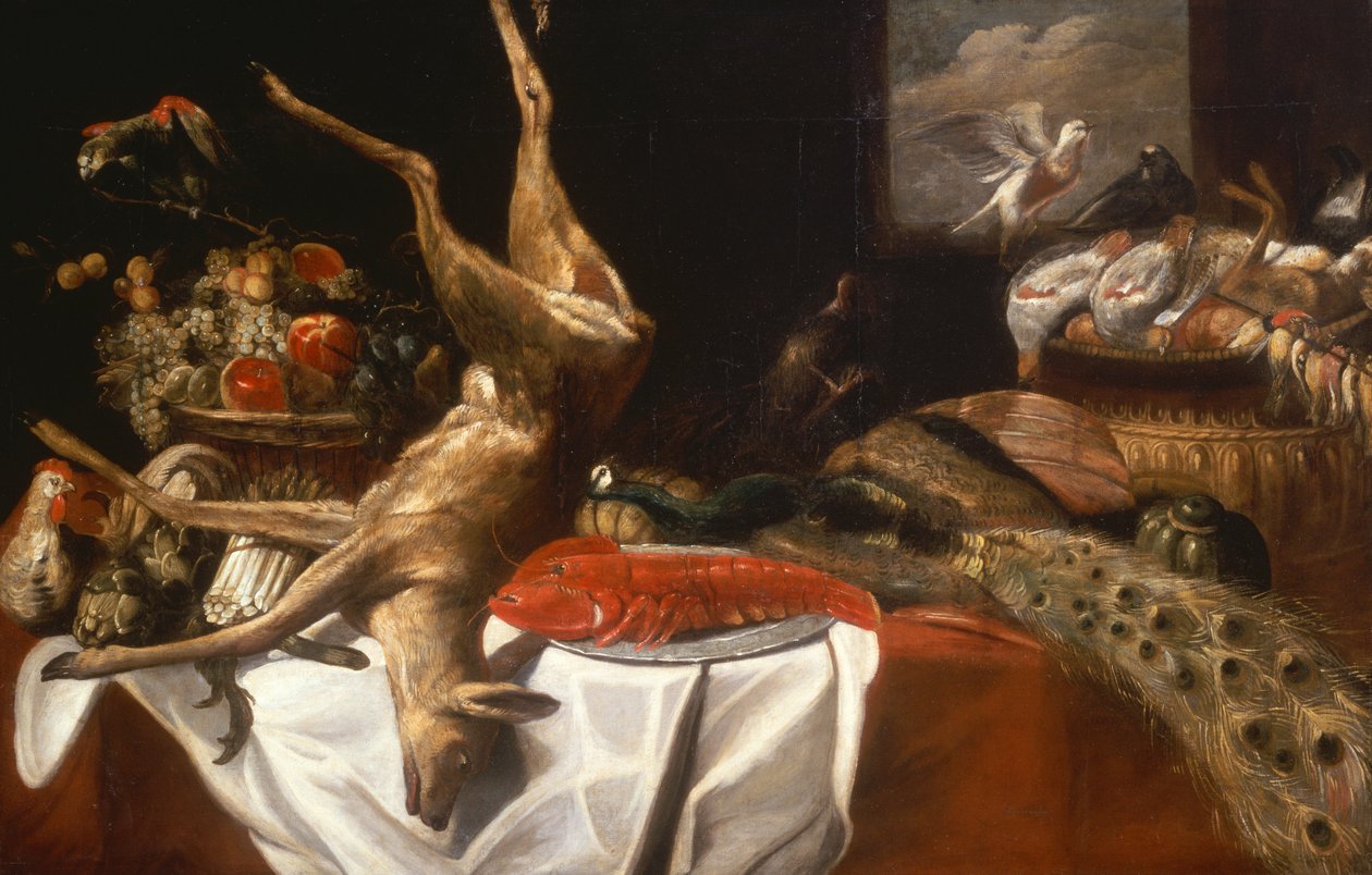 Egy döglött szarvas és madarak, egy homár egy edényen, egy kosár gyümölcs és zöldség (olaj) alkotó: Frans Snyders