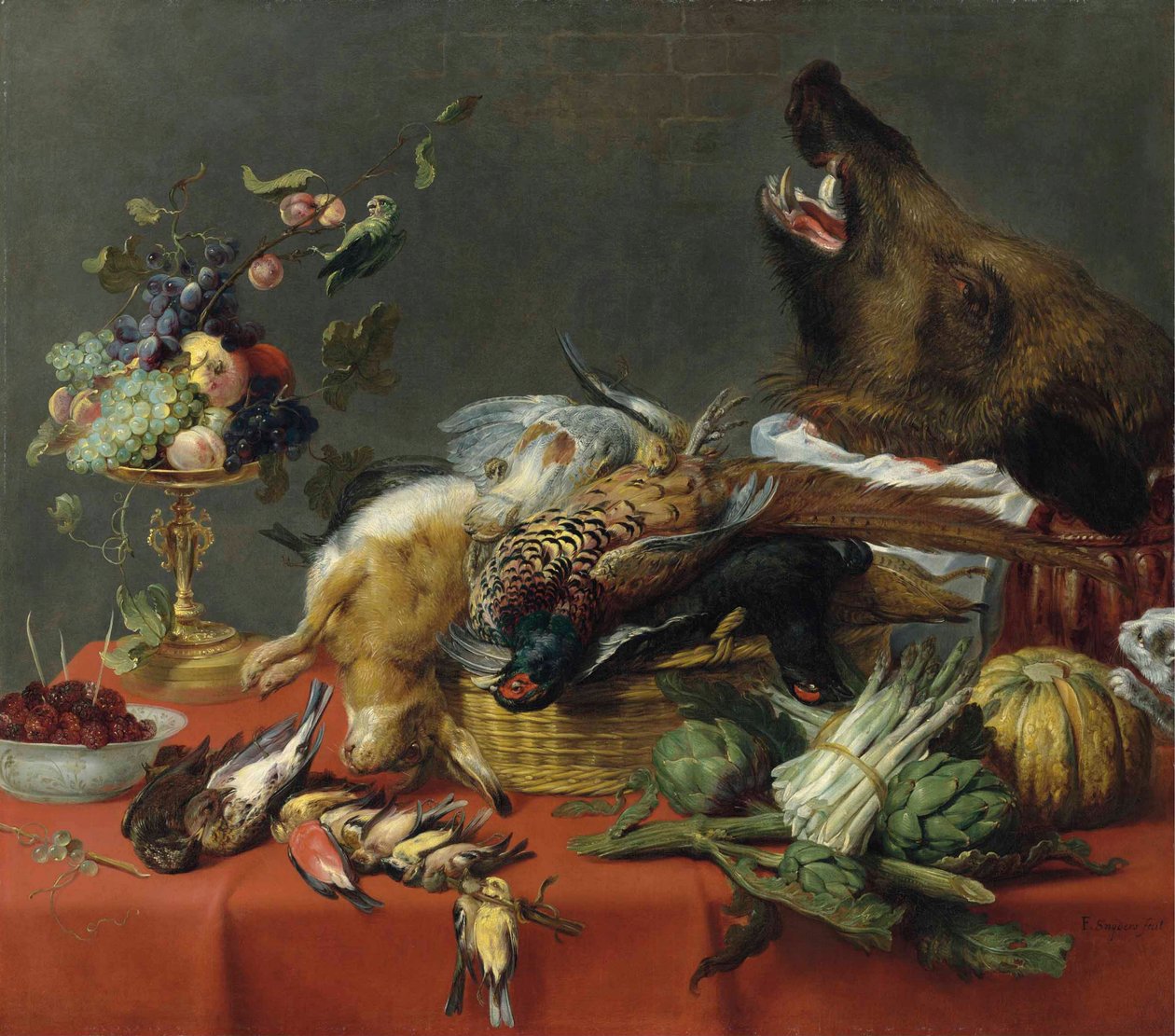 Vadhússal, gyümölcsökkel, zöldségekkel és egy vaddisznófejjel megrakott, drapírozott asztal. alkotó: Frans Snyders