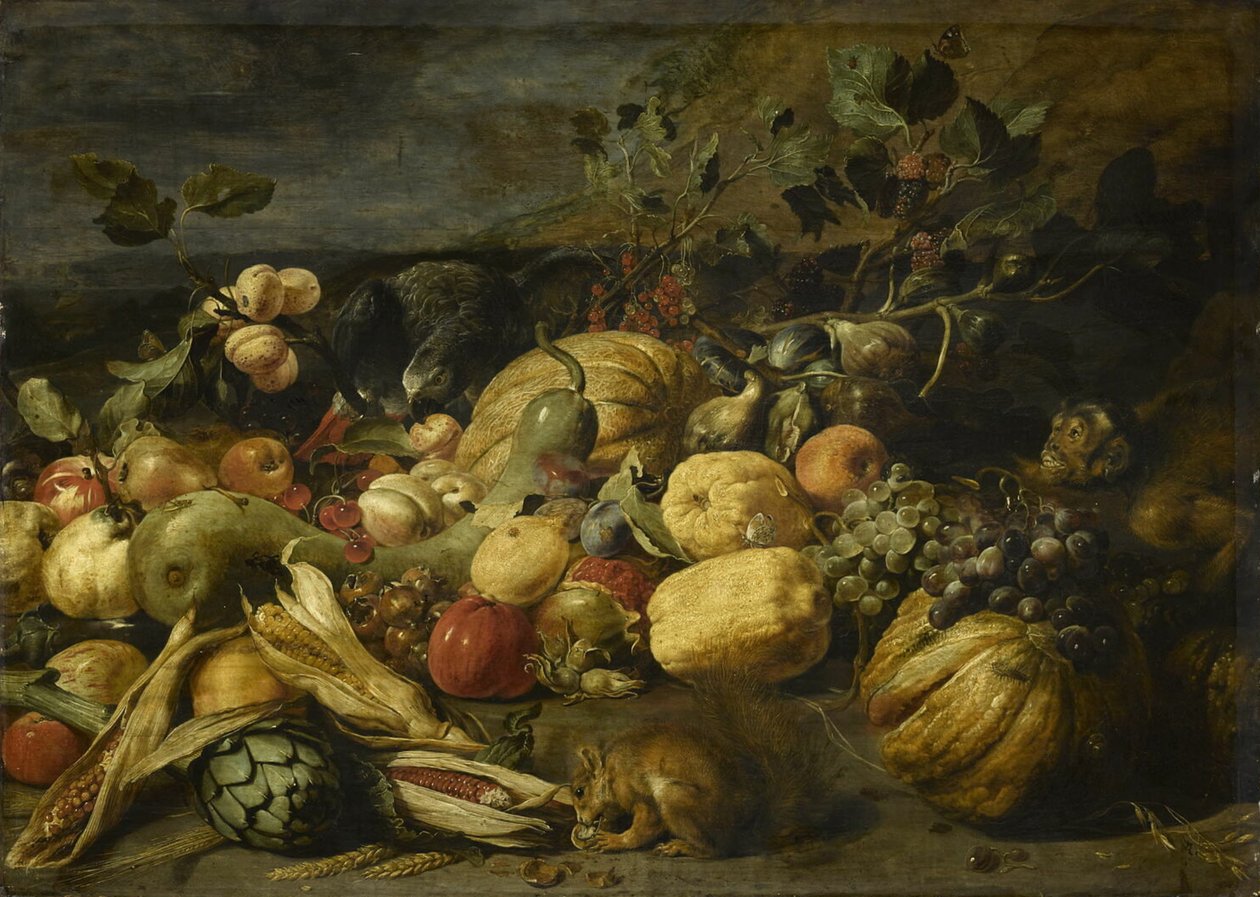 Gyümölcs és zöldség egy majommal, egy papagájjal és egy mókussal alkotó: Frans Snyders