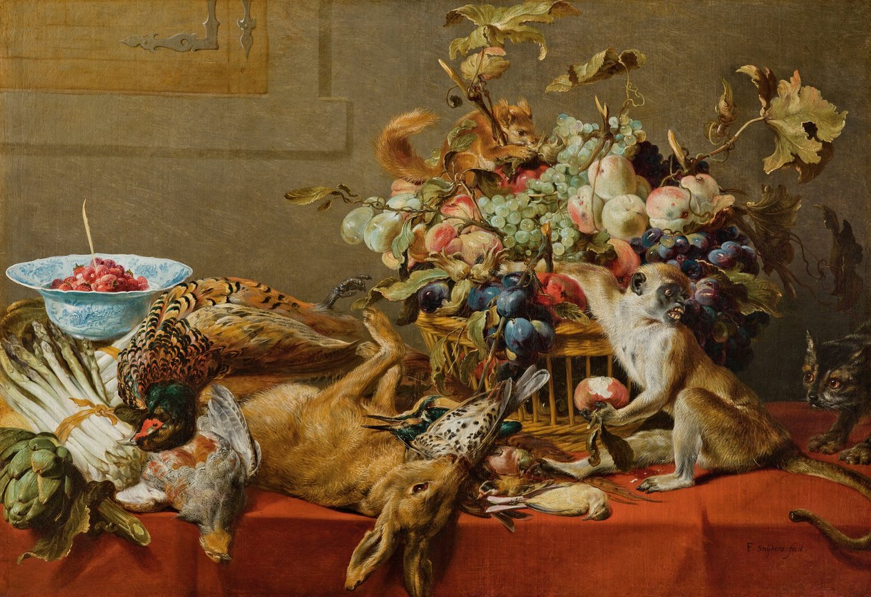 Csendélet gyümölcsökkel, halott vaddal, zöldségekkel, élő majommal, mókussal és macskával alkotó: Frans Snyders