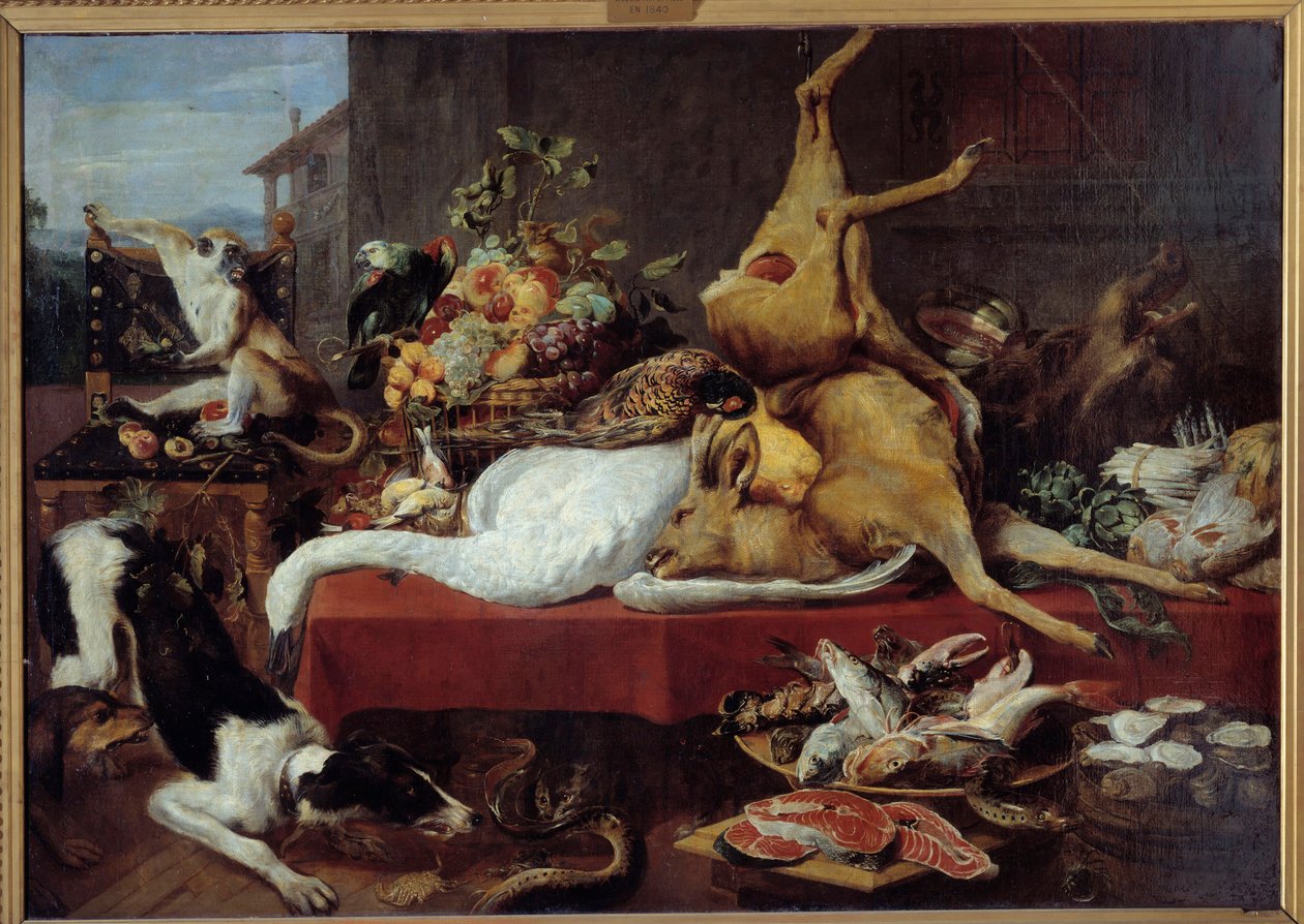 Csendélet szarvassal Vad (fácán, liba, szarvas), halszelet, rák, hüvelyesek. Frans Snyders festménye (1579-1657) alkotó: Frans Snyders
