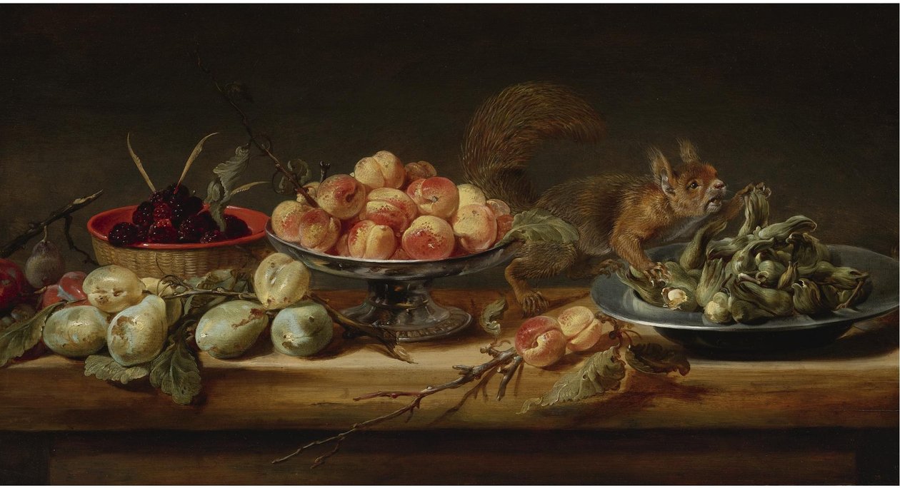 Csendélet őszibarackkal egy tazzában, mogyoróval egy óntányéron, málnával egy kosárban, körtével és mókussal egy asztalon.
olaj, tábla alkotó: Frans Snyders