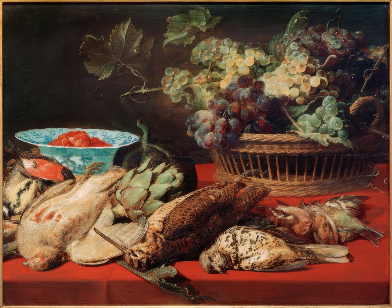 Csendélet - kosár szőlő, madarak és eper alkotó: Frans Snyders