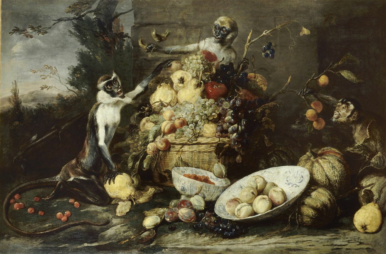 Három majom gyümölcsöt lop, kilátással a tájra alkotó: Frans Snyders